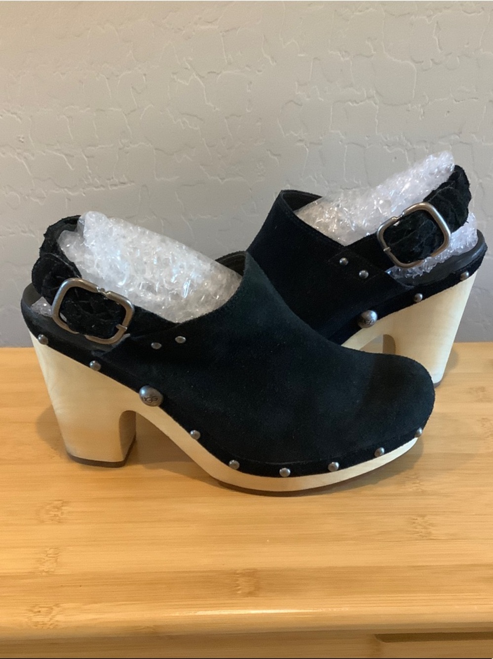 UGG Black Suede Wooden Heel Clogs with Braided Buckle Strap